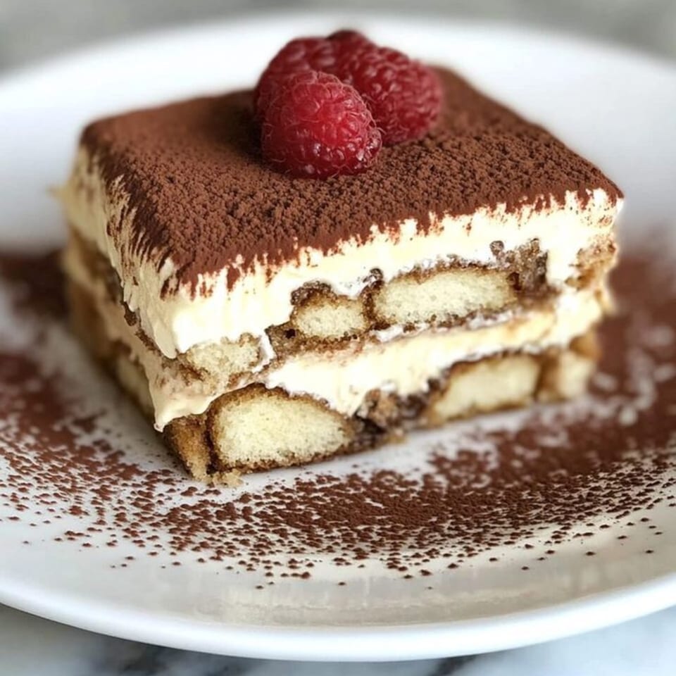 A square slice of tiramisu with cocoa powder and two raspberries on a white plate.